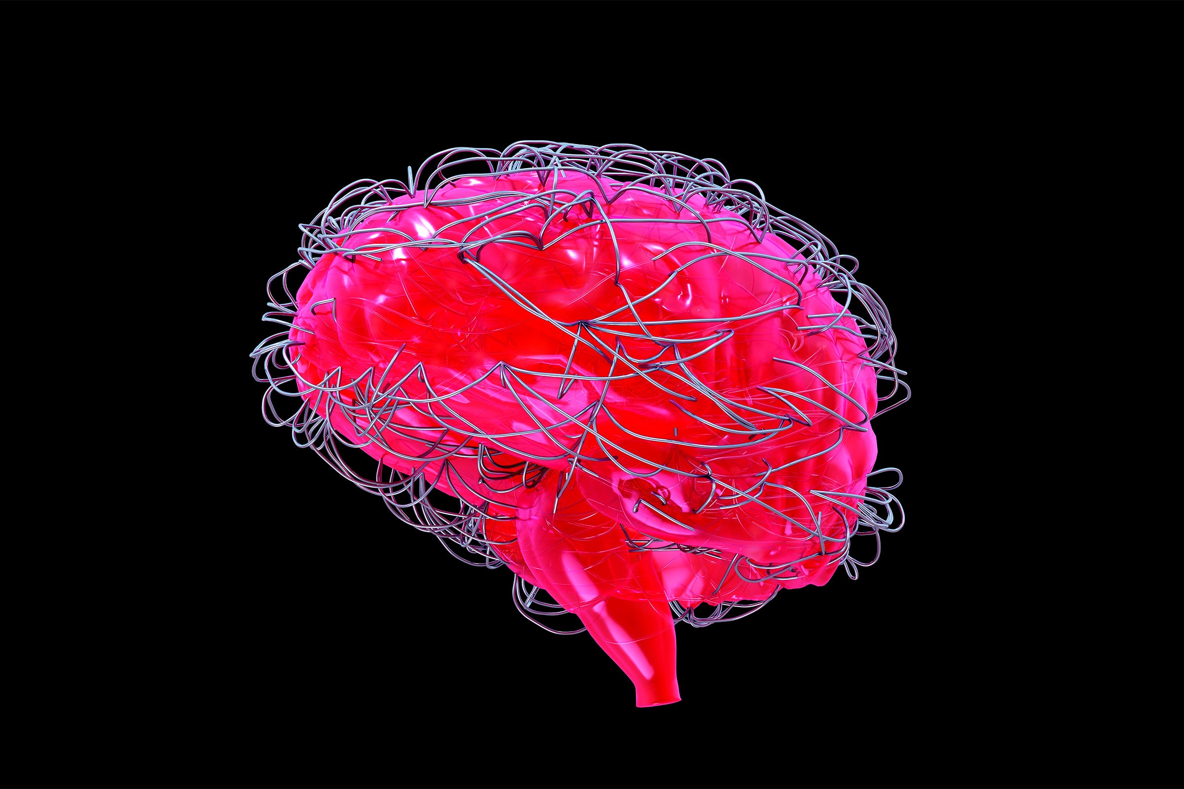 Digital rendering of a brain with wires coming out of it